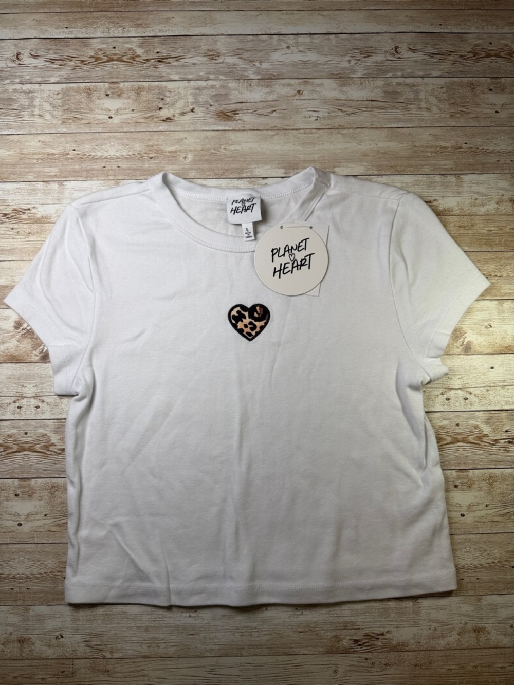 Planet Heart White Short Sleeve Tee with Leopard Heart Patch